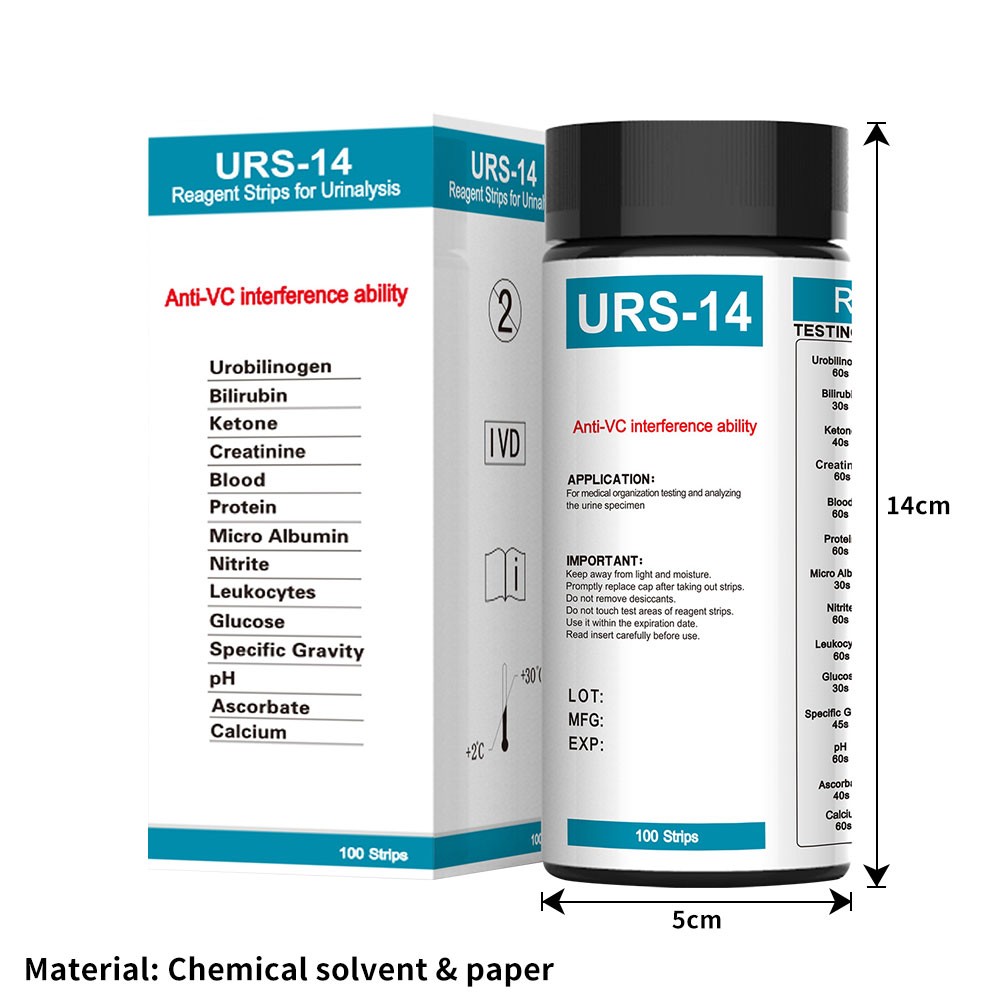 100PCS/Box URS-14 PH Test Strips Urinalysis Urine Analysis Test Reagent Strip US