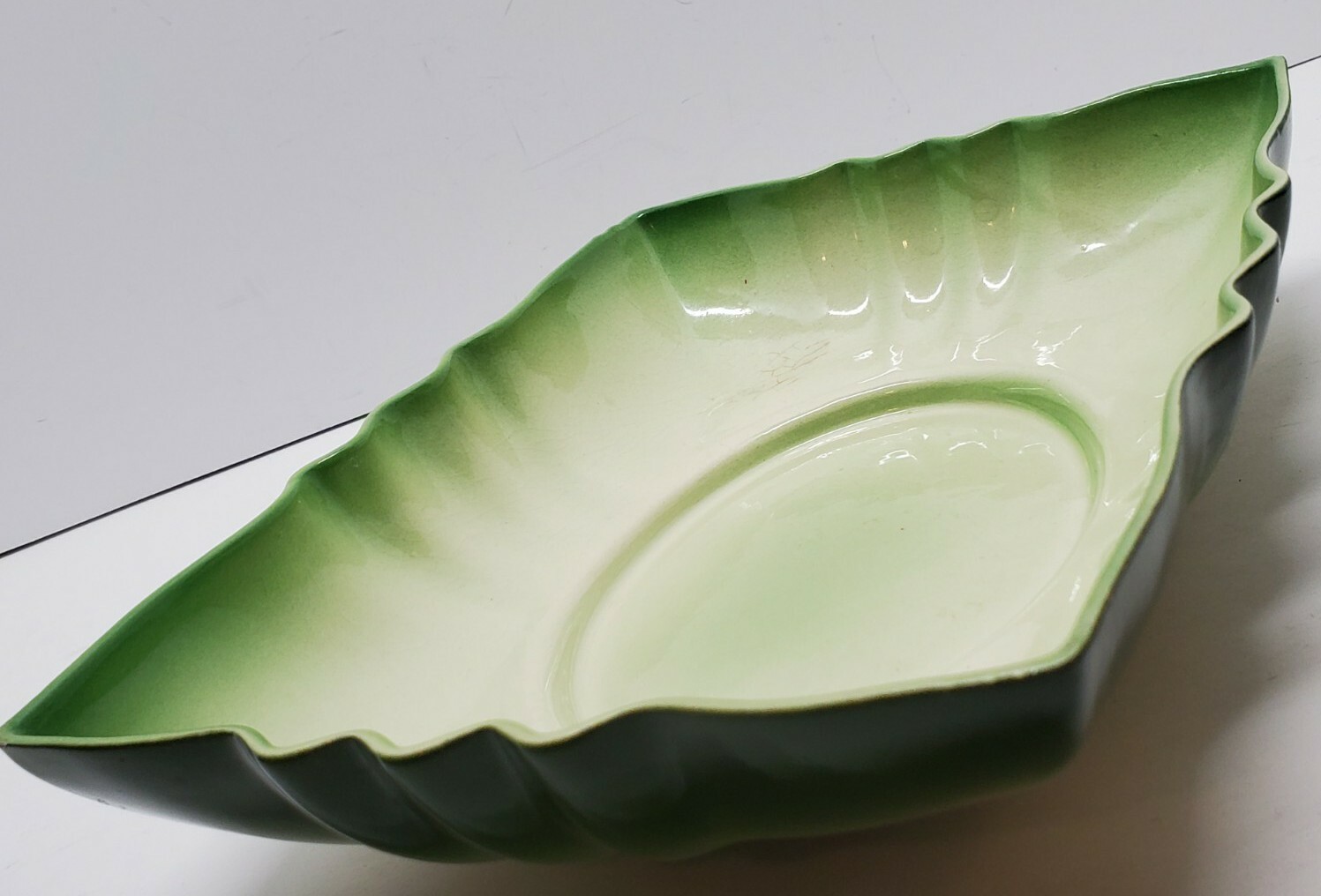 Vtg Retro Cucumber Green Scalloped Ceramic Flower Bulb Planter Dish Rectangular