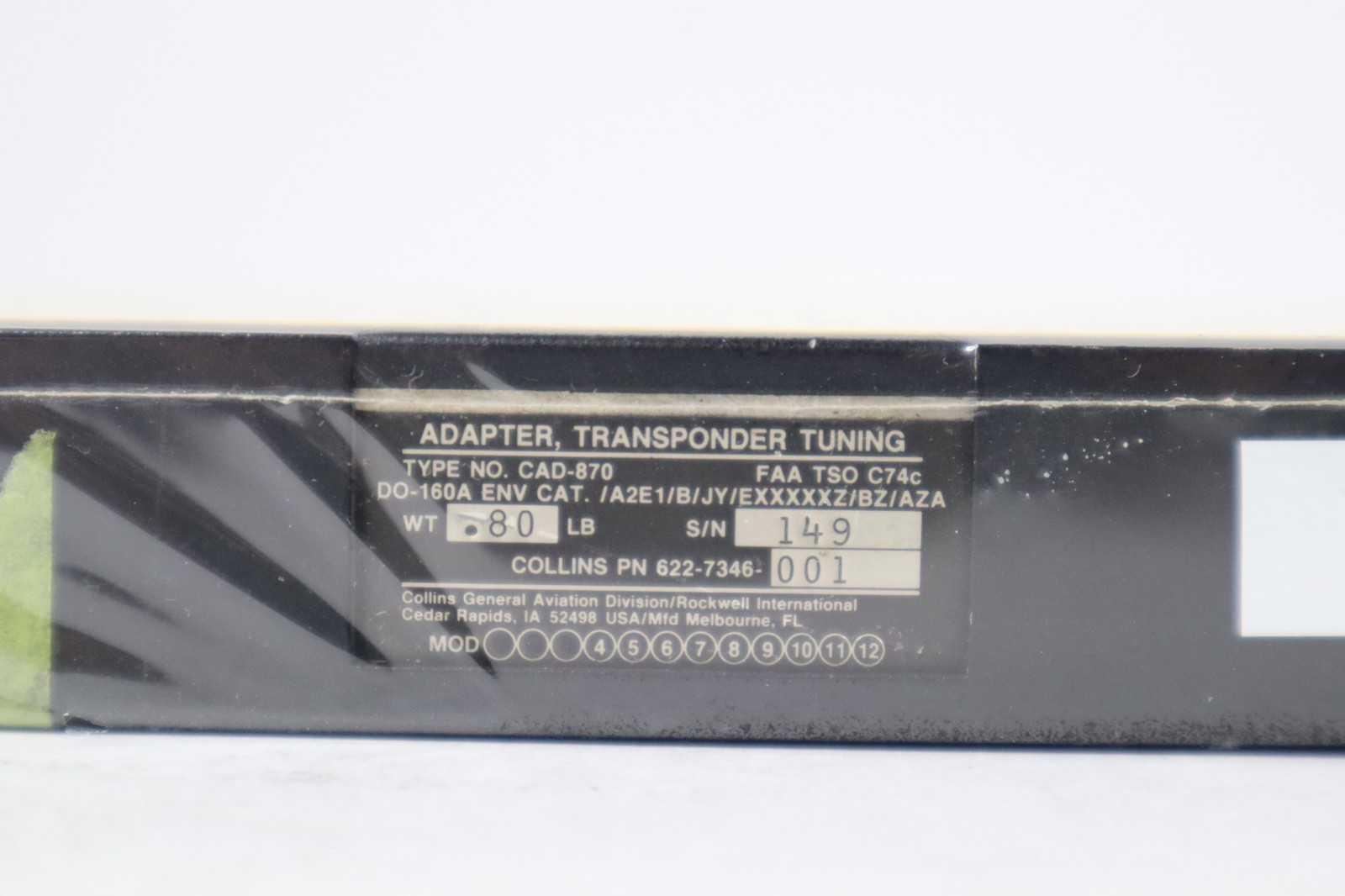 Collins CAD-870 Transponder Tuning Adapter 622-7346-001 with Yellow SV Tag