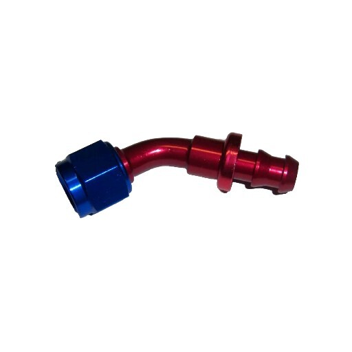 3/8 HOSE BARB TO 6AN FEMALE HOSE 45 DEGREE ADAPTER RED/BLUE