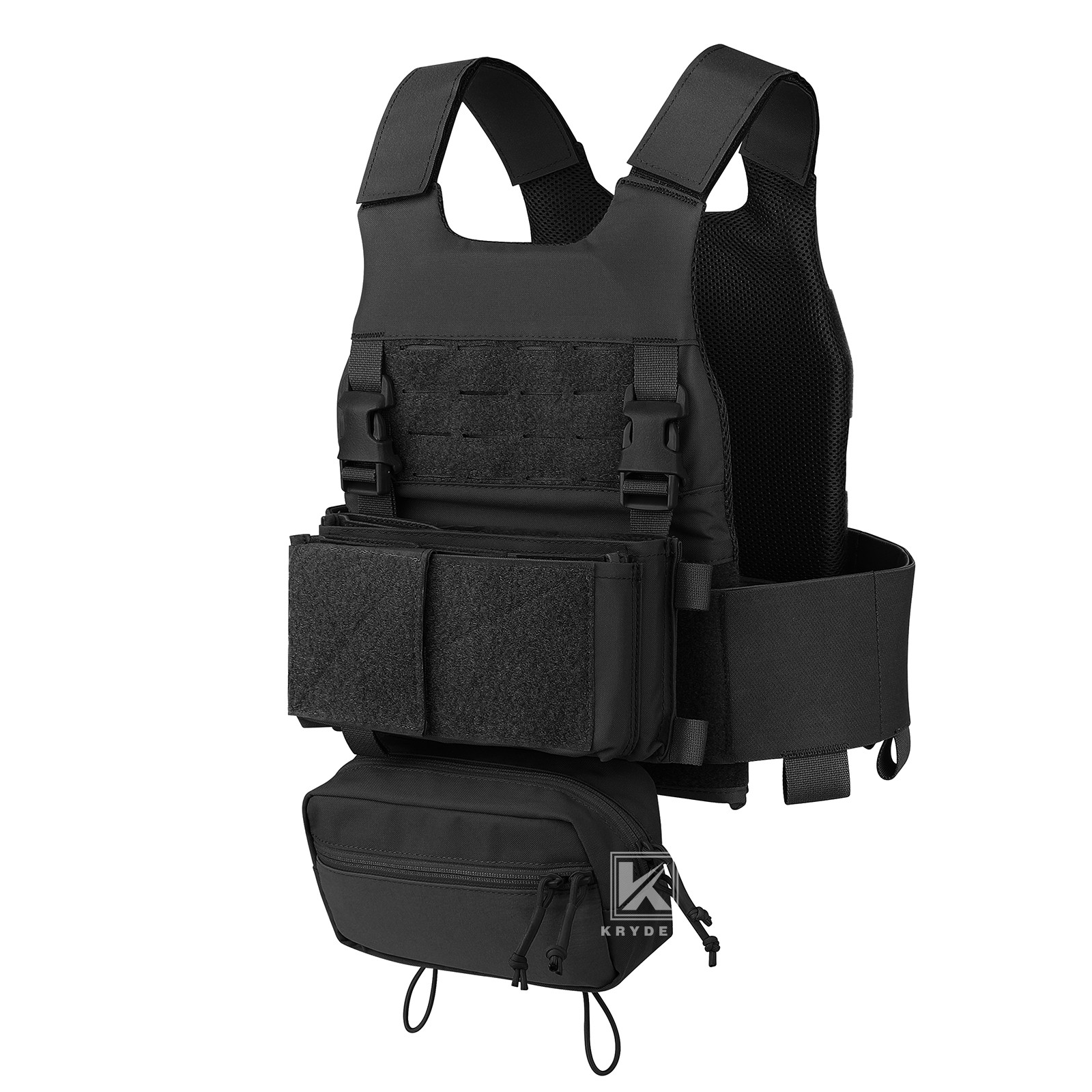 KRYDEX Low Vis Slick Carrier Tactical Vest & Fight Placard & Drop Pouch Black