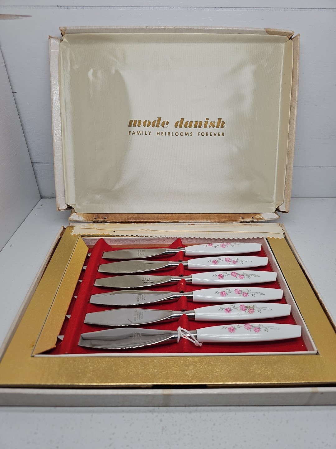 6 Retro 1960's Mode Danish Stainless Pink Roses Knives Set NIB MCM Sheffield NOS