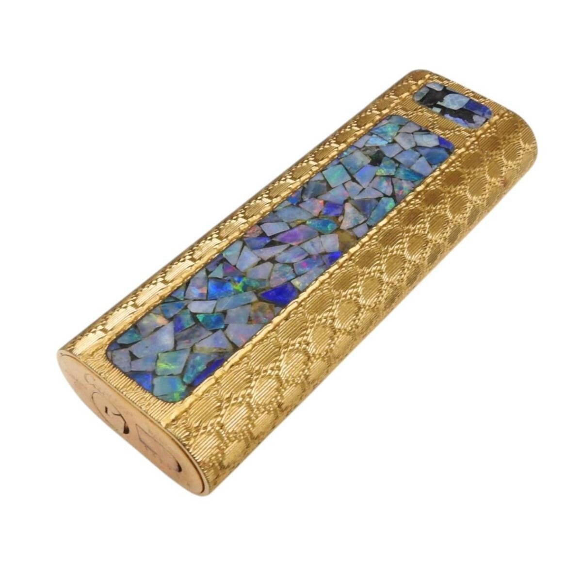 Cartier Mosaic Opal Gas Lighter Gold Rotary Flare Ignition Verified