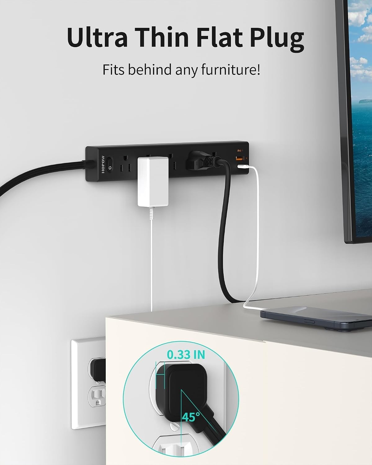 6FT Mountable Power Strip with 5 Outlets + USB Slots: Safe & Stylish Solution