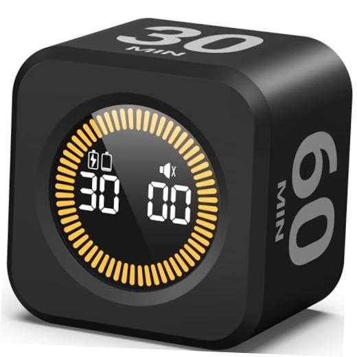 Pomodoro Timer – Visual Cube with 5/10/30/60 Min Presets, Black 5-10-30-60 Min
