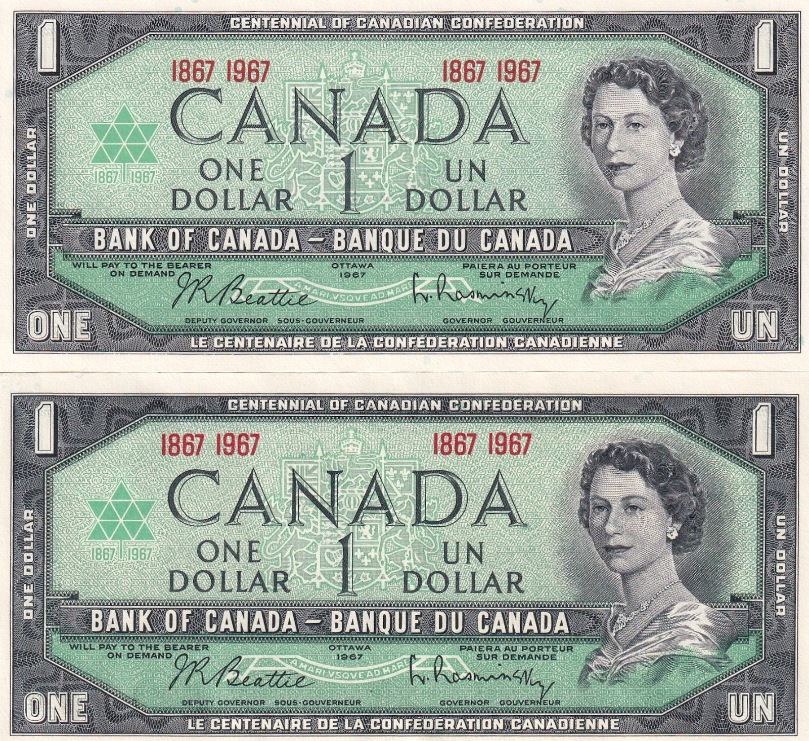 Canada $1 Set of 2 Commemorative 1967 Banknotes AU-UNC