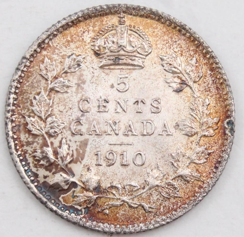 1910 Canada 5 cents pointed leaves cross/bow CH AU