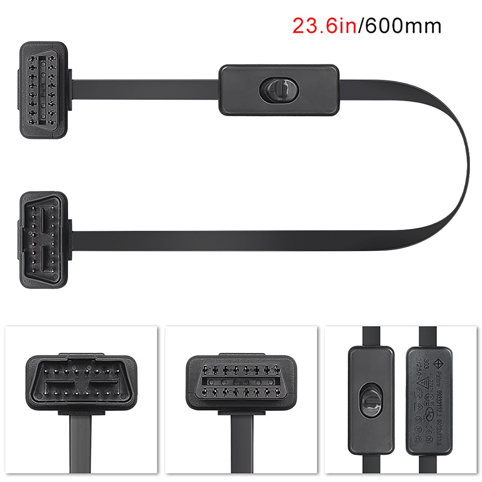 60cm OBD2 II Low Profile Left Right Angle Y Splitter Flat Ribbon Extension Cable