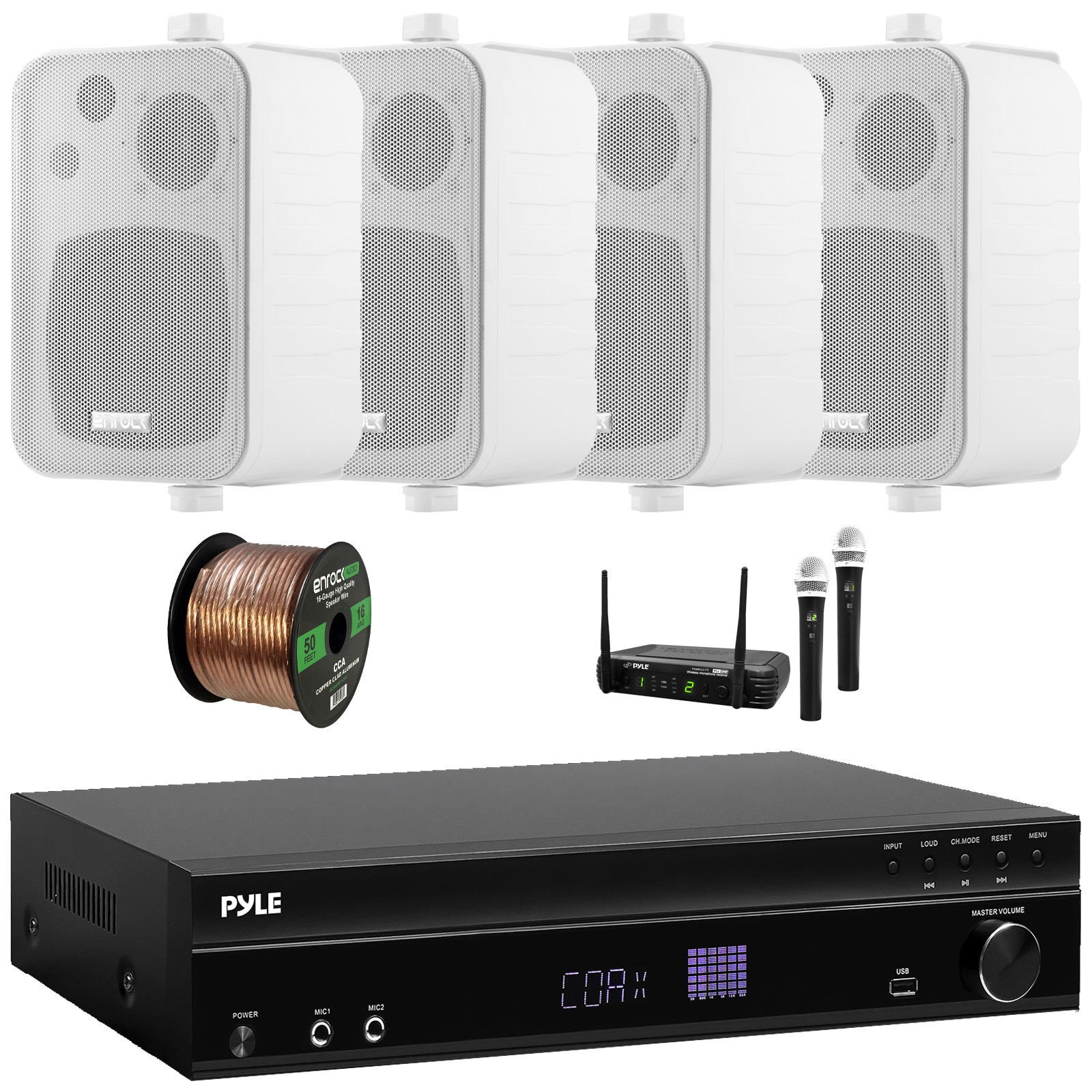Pyle 5.2 Channel ARC Audio Receiver, 4x 4" 30W Indoor/Outdoor Speakers + Mic