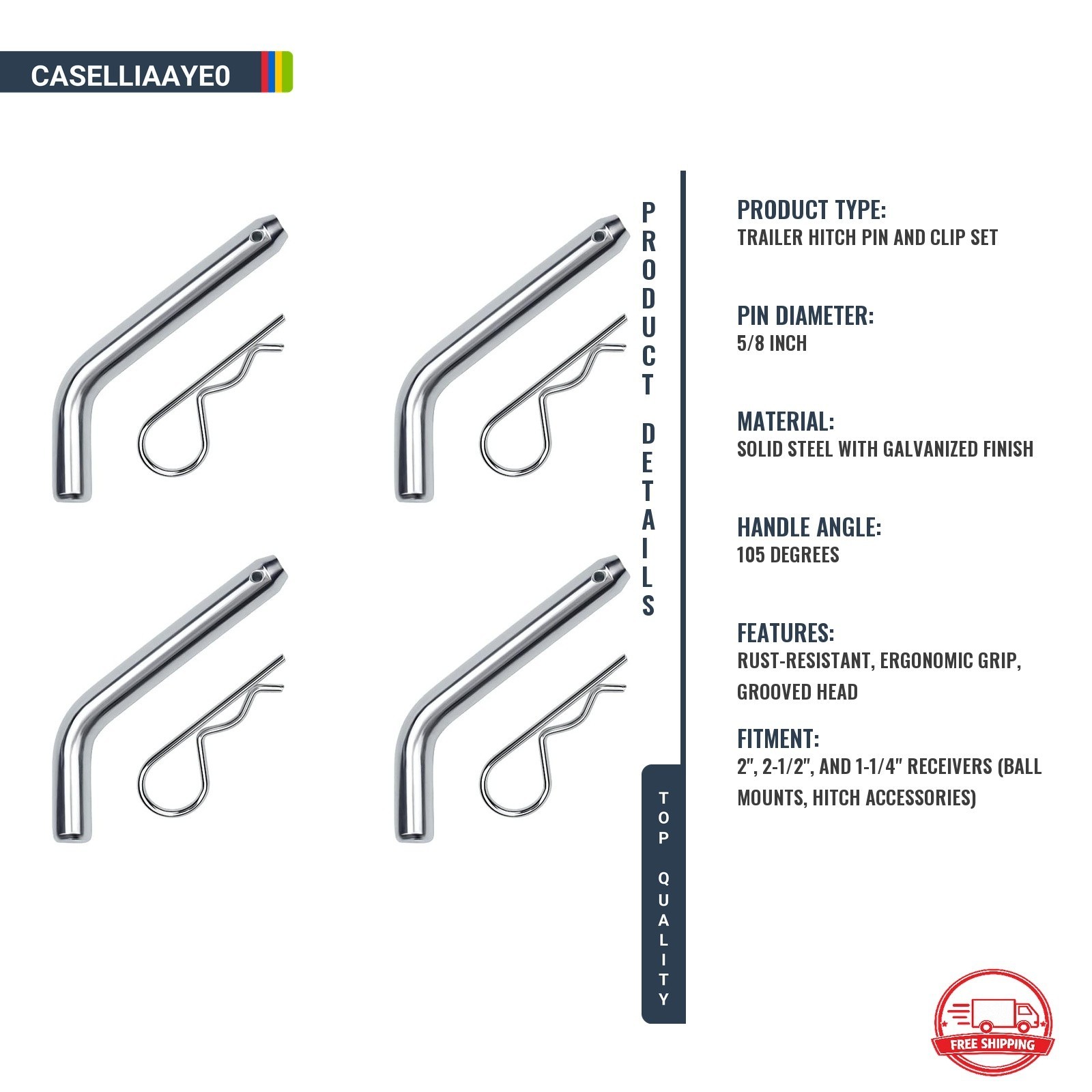 4 Pasadores para Enganche de Remolque 5/8" con Clip Zincado para Receptor NEW