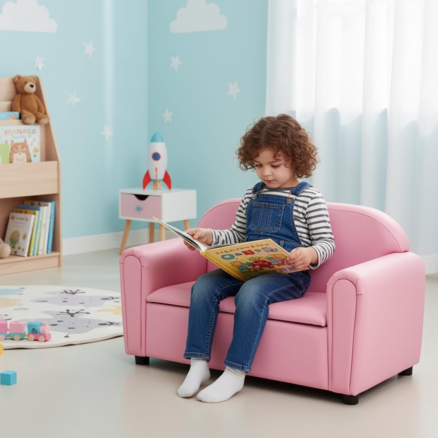 Kids Couch 2 in 1 Double Seat Children's Sofa w/Under Seat Storage PU Leather