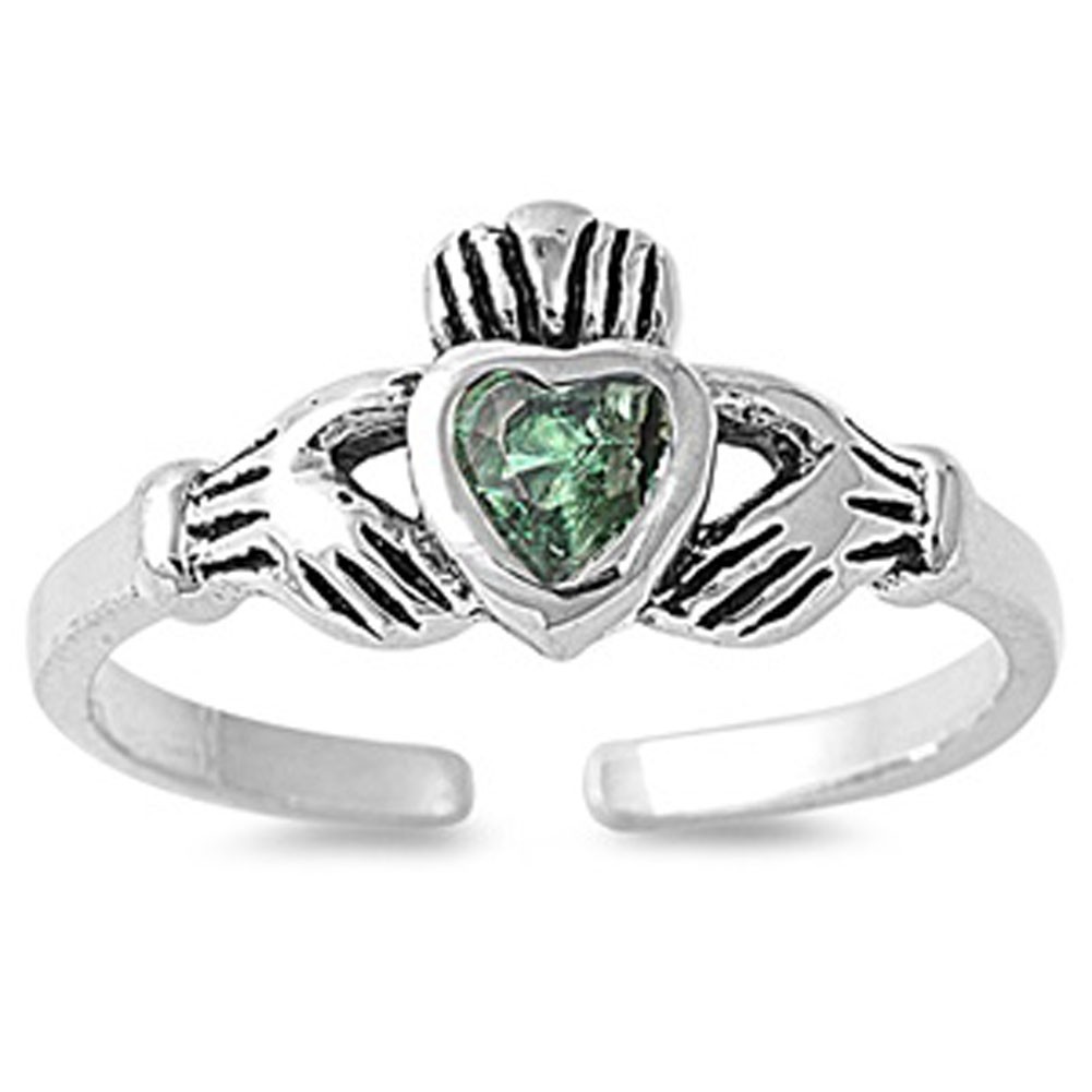 Heart Solitaire Claddagh Simulated Green .925 Sterling Silver Toe Ring