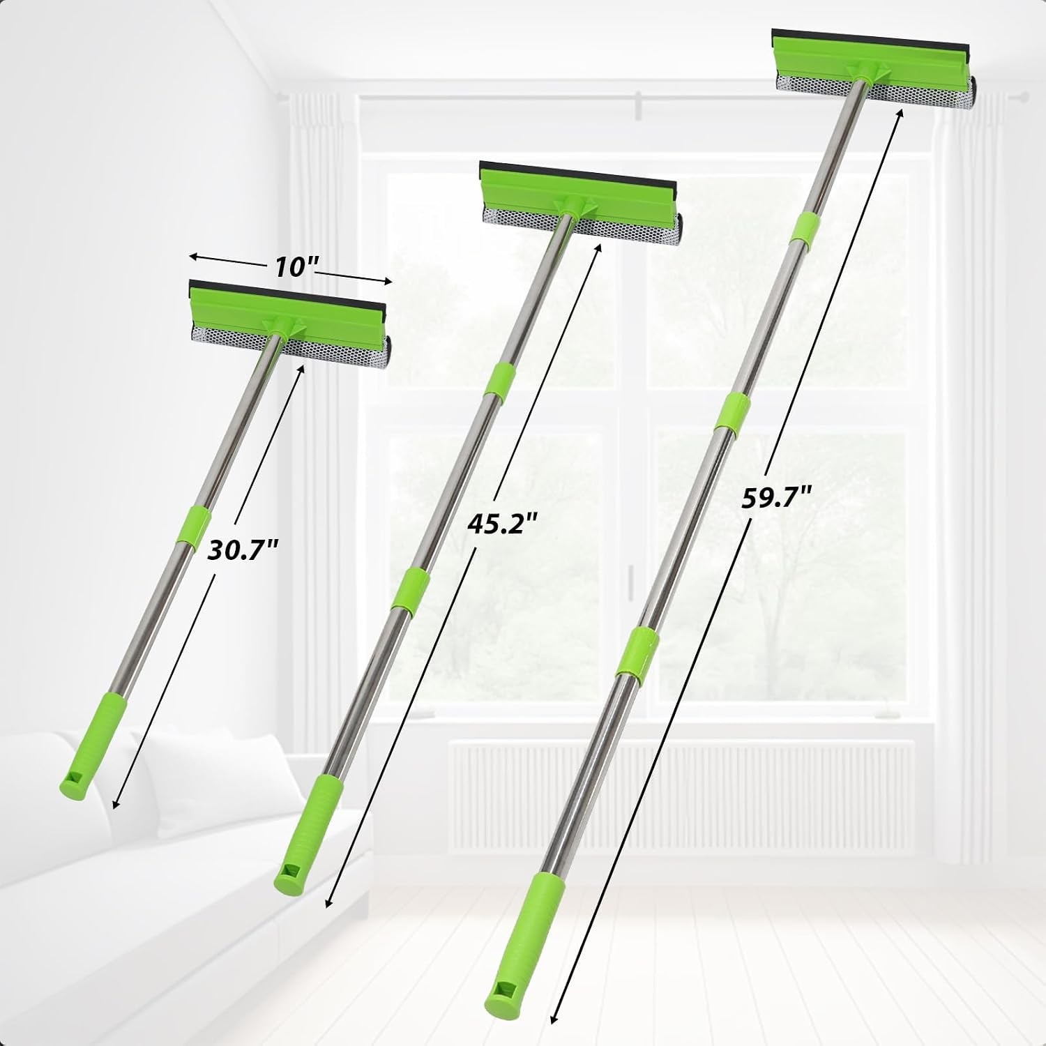 2 in 1 Window Squeegee with 55" Long Stainless Steel Handle,Sponge Car Squeegee