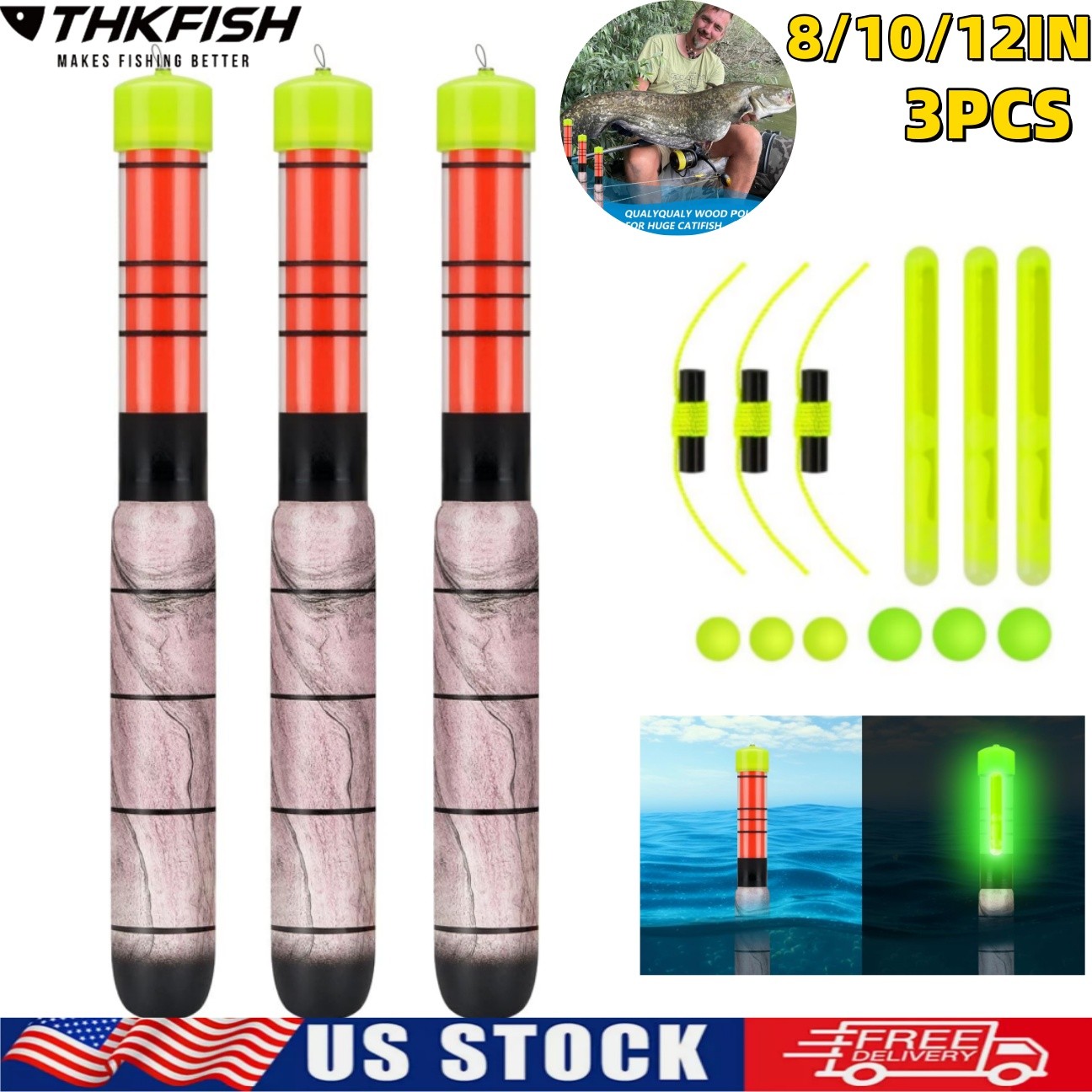 3PCS Fishing Floats Fishing Bobber with Glow Sticks for Freshwater Saltwater US