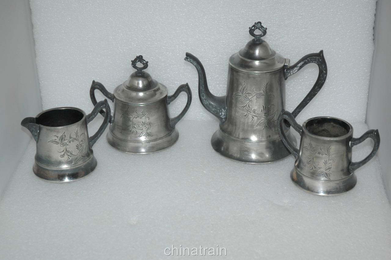 Vintage Beacon Silver Taunton MA 4 Piece Quadruple Plate Tea Set Floral Deco