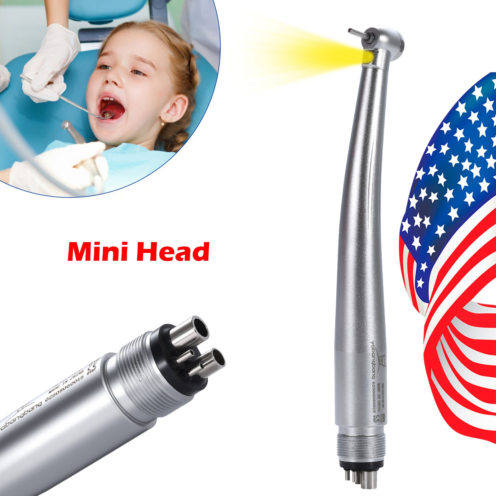 LED Dental High Fast Speed Handpiece Pediatric Push Button Mini Small Head 4HOLE