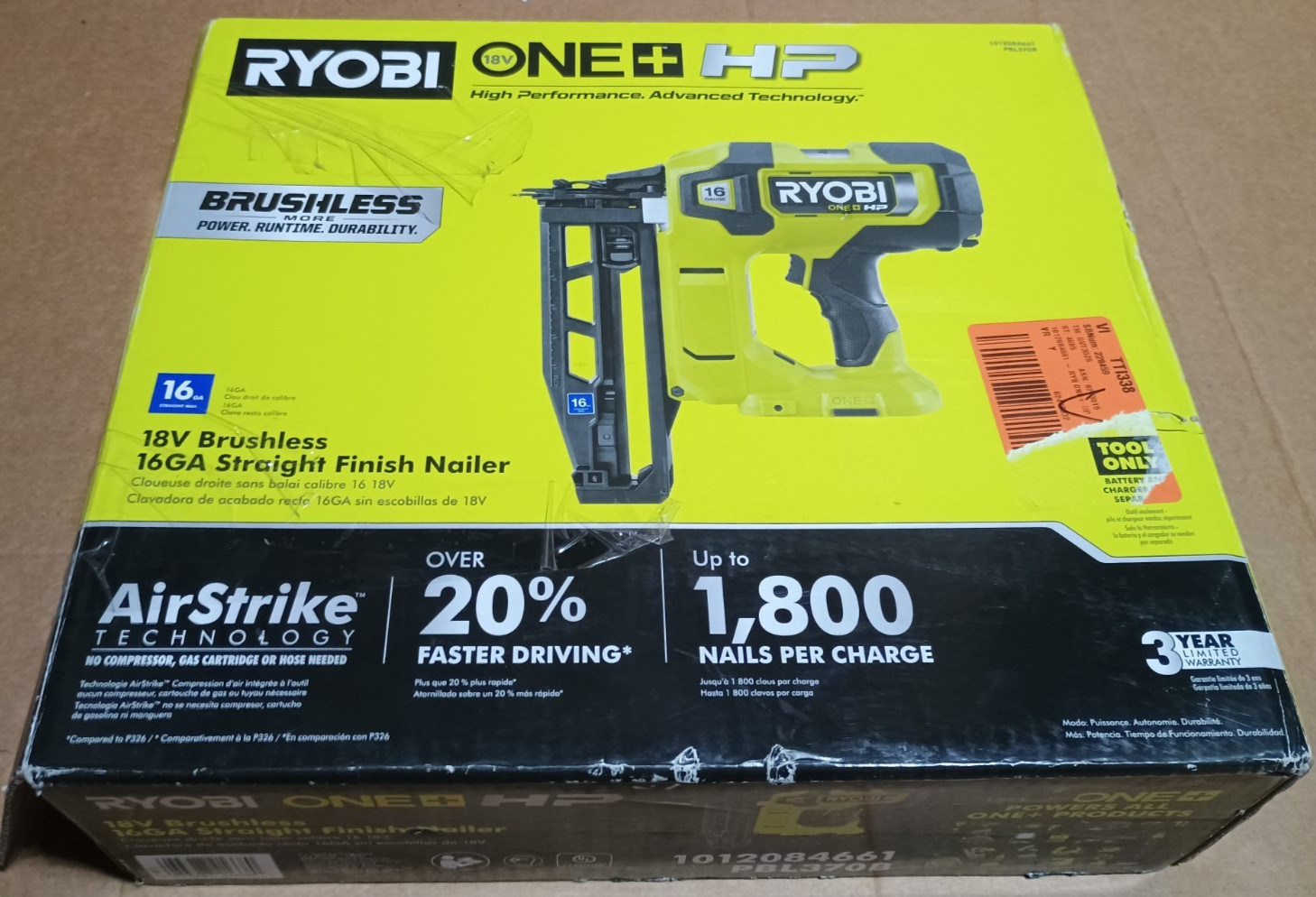 Ryobi ONE+ HP 18V Brushless Cordless 16-Gauge Straight Finish Nailer (Tool Only)