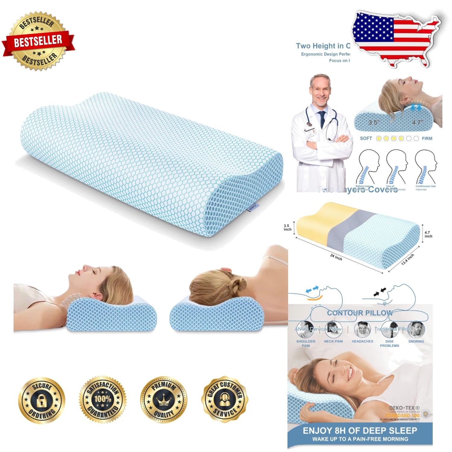 Firm Cyan Memory Foam Pillow - Cervical Neck Pain Relief, Ergonomic Contour