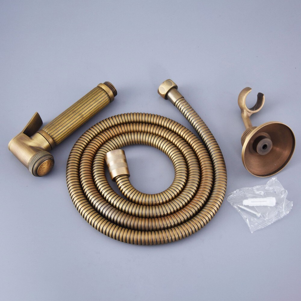 Antique Brass Bathroom Wall Mount Bidet Faucet Hand Held Sprayer Holder Pipe