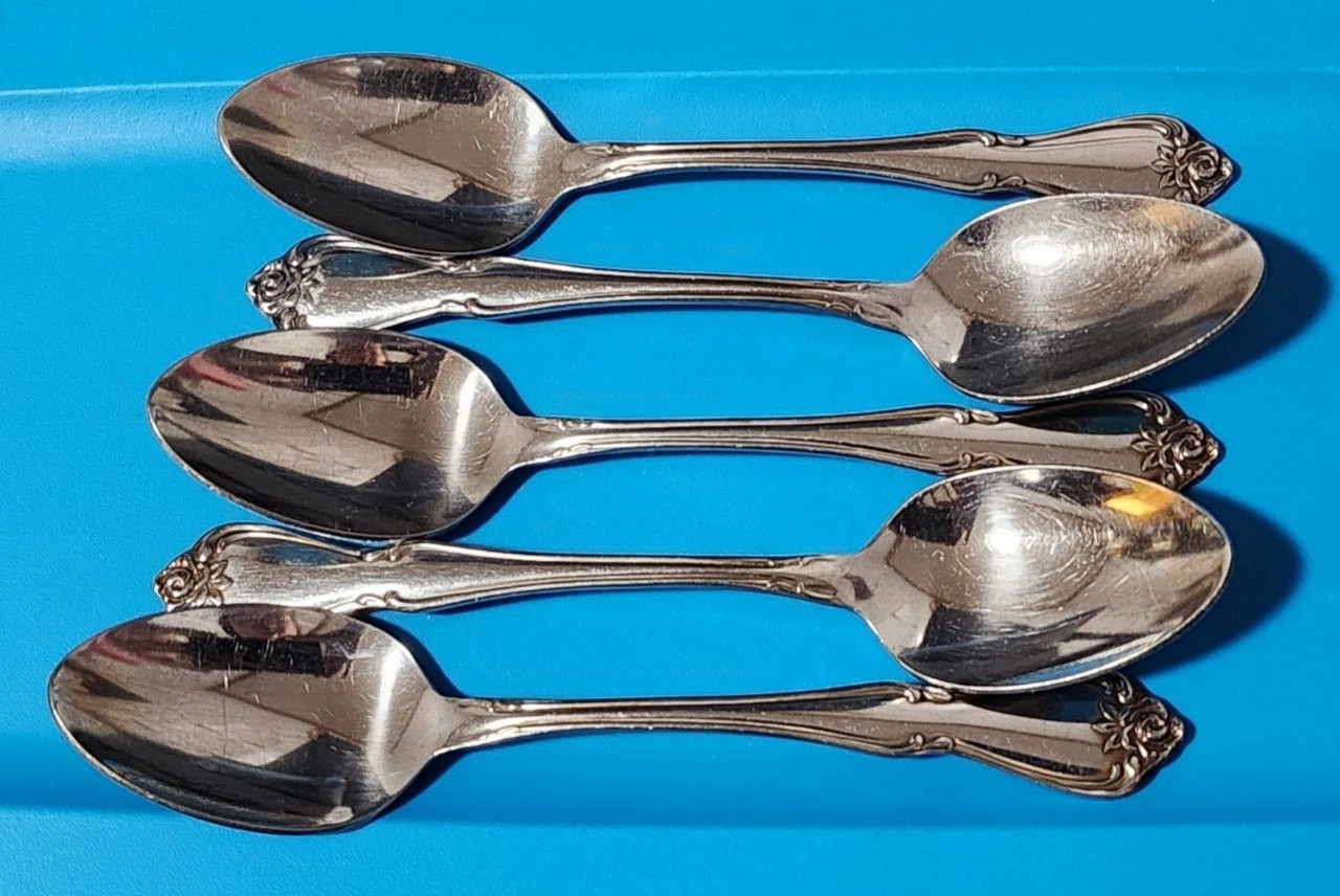 Rogers Oneida ARBOR ROSE Set of 5 Teaspoons Stainless Flatware