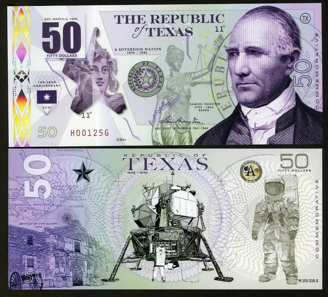 Republic of Texas, $50, Polymer, 2021, UNC Samuel Houston, The Alamo F