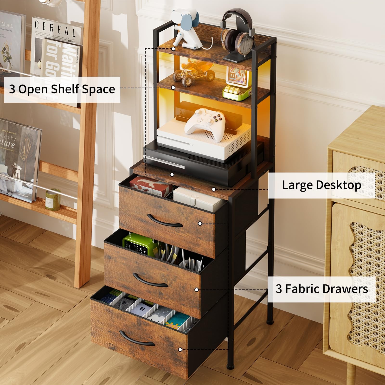 41 Inch Tall Nightstand with Charging Station, Led Night Stand with U-S-B Por...