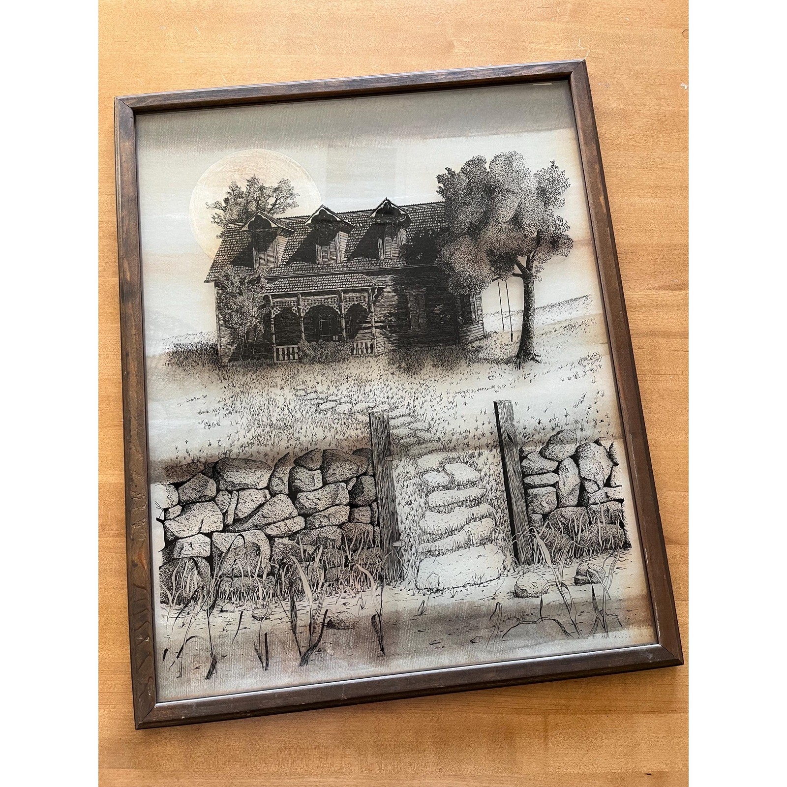 Vtg Michael Allender Reverse Etching Glass 1977 Wood House Art Culver Creations
