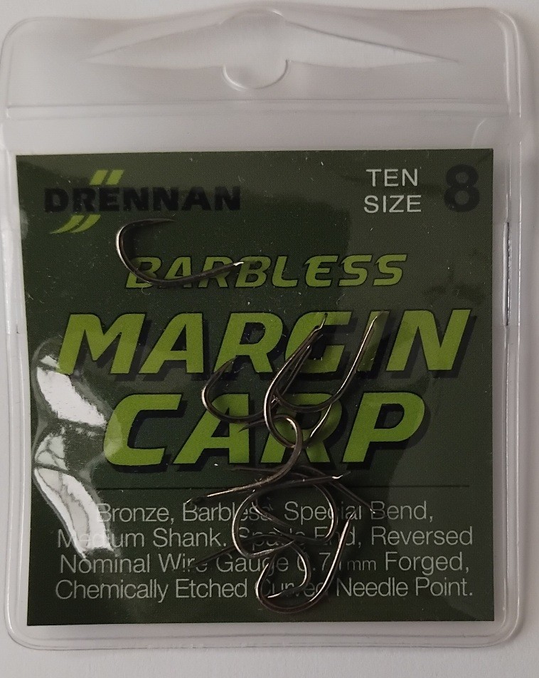 Pack of Drennan Margin Carp Barbless Spade End Hooks.  Size 8