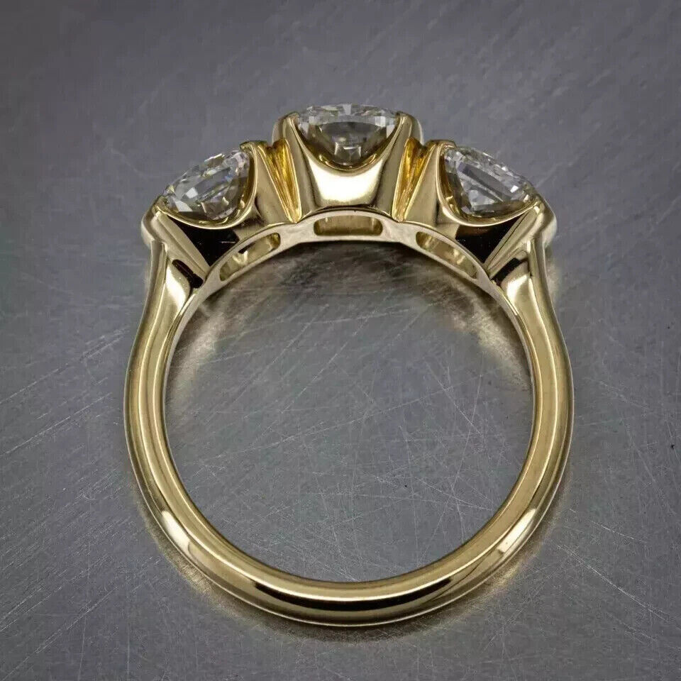 Three Stone Half Bezel Set Ring 14K Yellow Gold Over 2.2 Ct Simulated Diamond