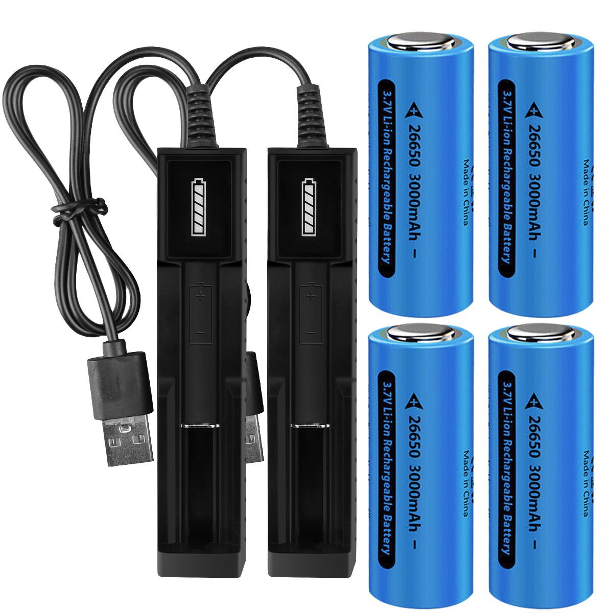 3.7V Rechargeable Battery Flat Top 26650 Batteries Cell + Charger for Flashlight