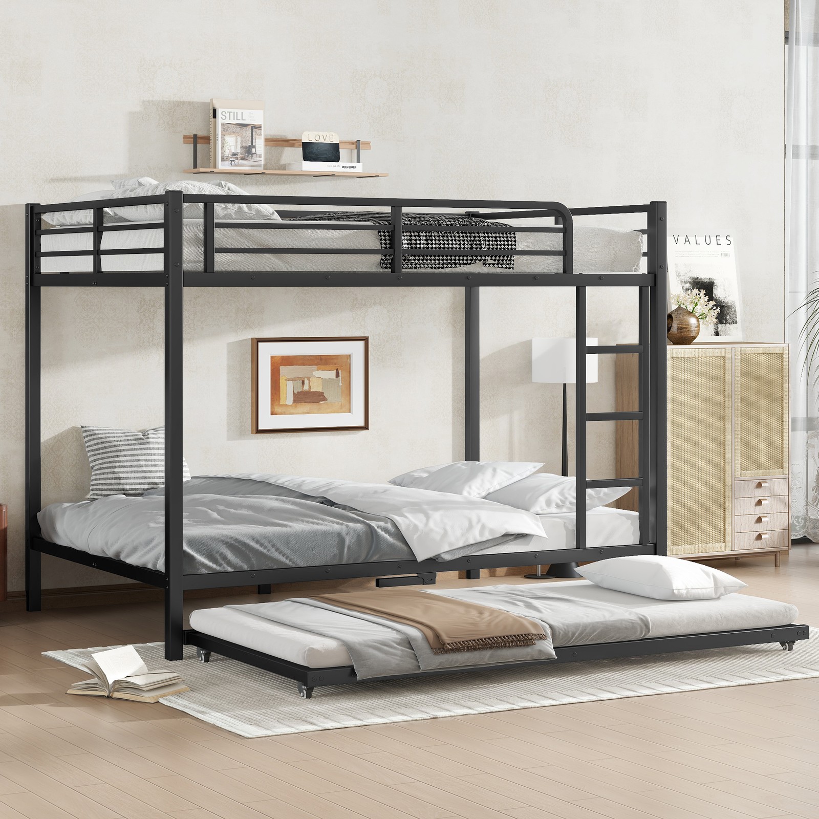 Full over Full Metal Bunk Bed with Twin Size Trundle,Black Bed Frame for Bedroom