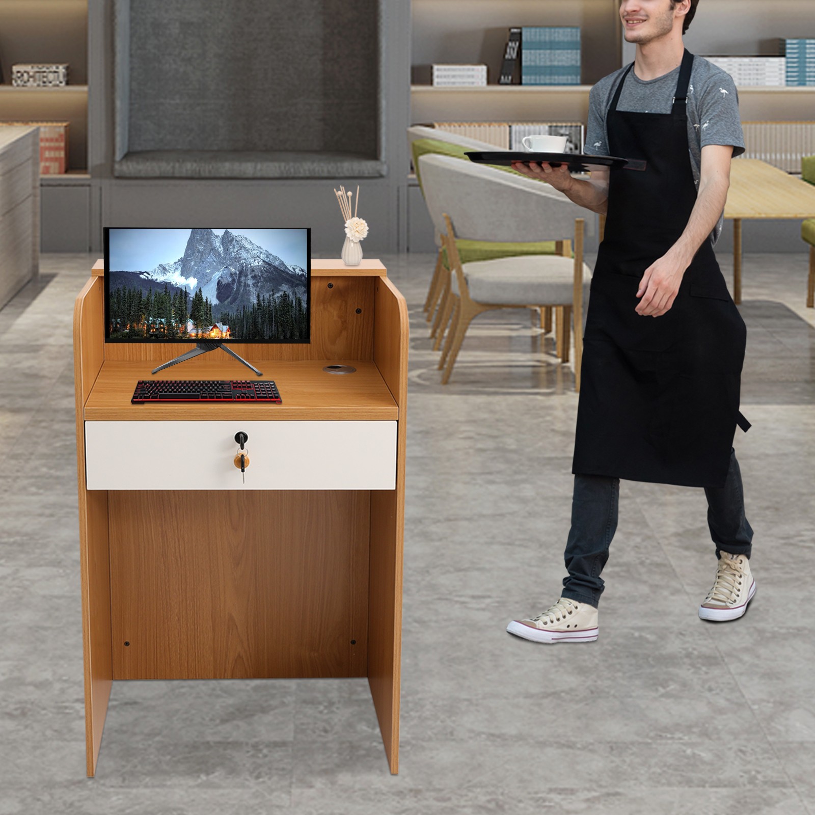 Modern Front Reception Counter Desk Checkout Office Desk with a Lockable Drawer