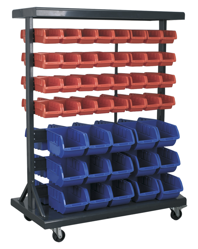 Sealey TPS94 Mobile Bin Storage System with 94 Bins Red Blue On Wheels