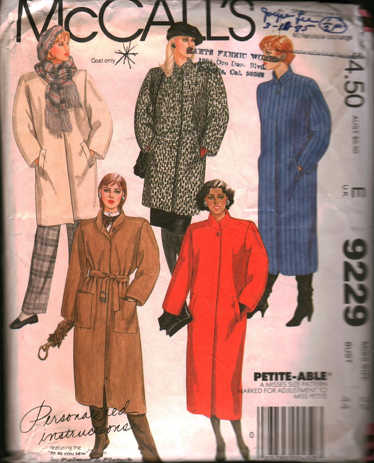 9229 Vintage McCalls SEWING Pattern Misses 1980s Straight Coat Belt Winter 22