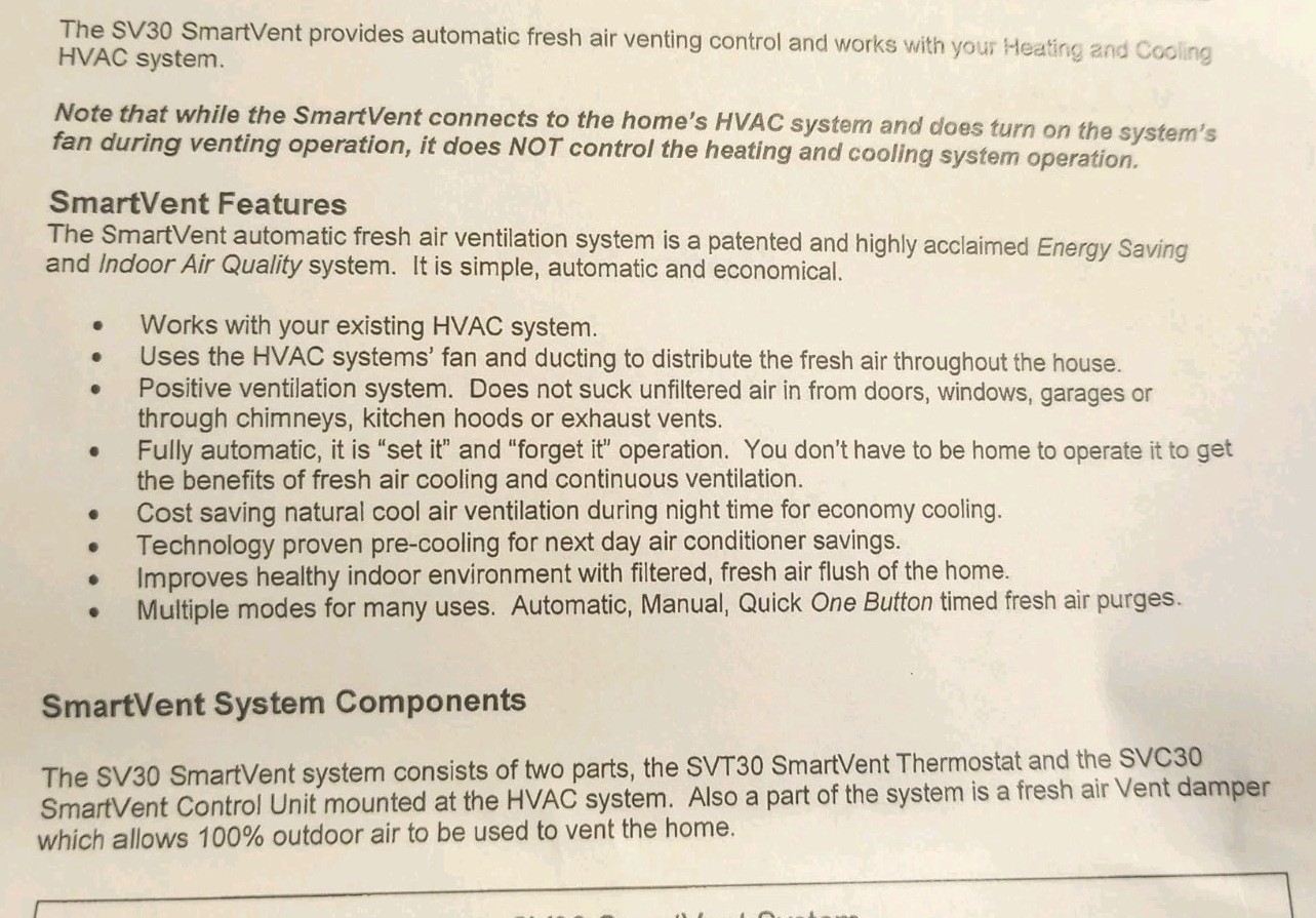 Smart Vent Thermostat Model# SVT30, For SV30 Smart Vent System ZTECH NEW!