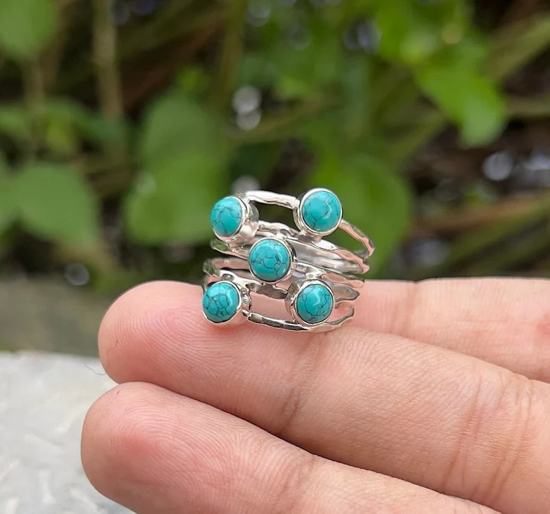 925 Sterling Silver, Turquoise Gemstone, Minimalist, Stack Ring, Births All Size