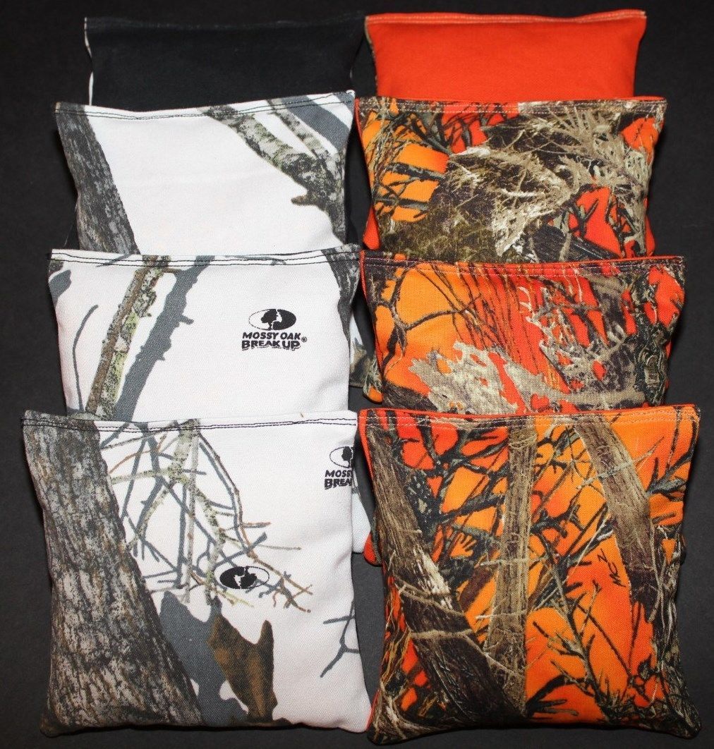 CORNHOLE BEAN BAGS All Weather Resin Filled Snow White & Orange Tree Camo Bags