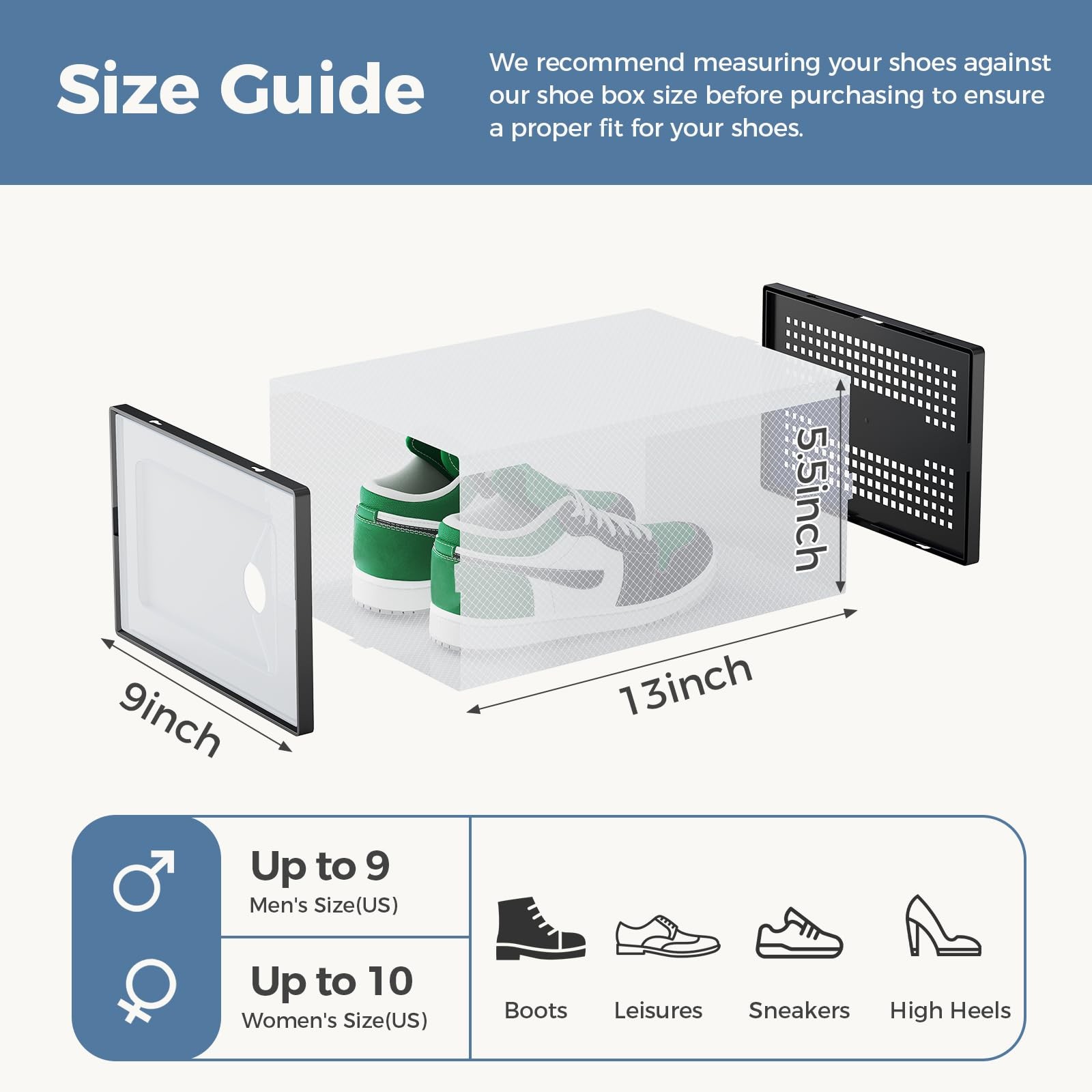DUMOS Shoe Storage Boxes, 12-Pack Stackable Clear 12 PCS & Fit Size 9, Black