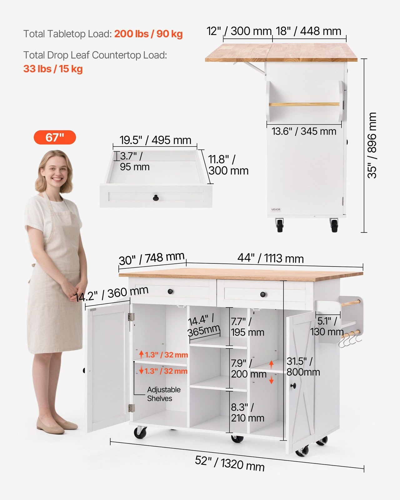 52in Rolling Kitchen Island Cart Storage Cabinet Table with Drawer & Drop Leaf
