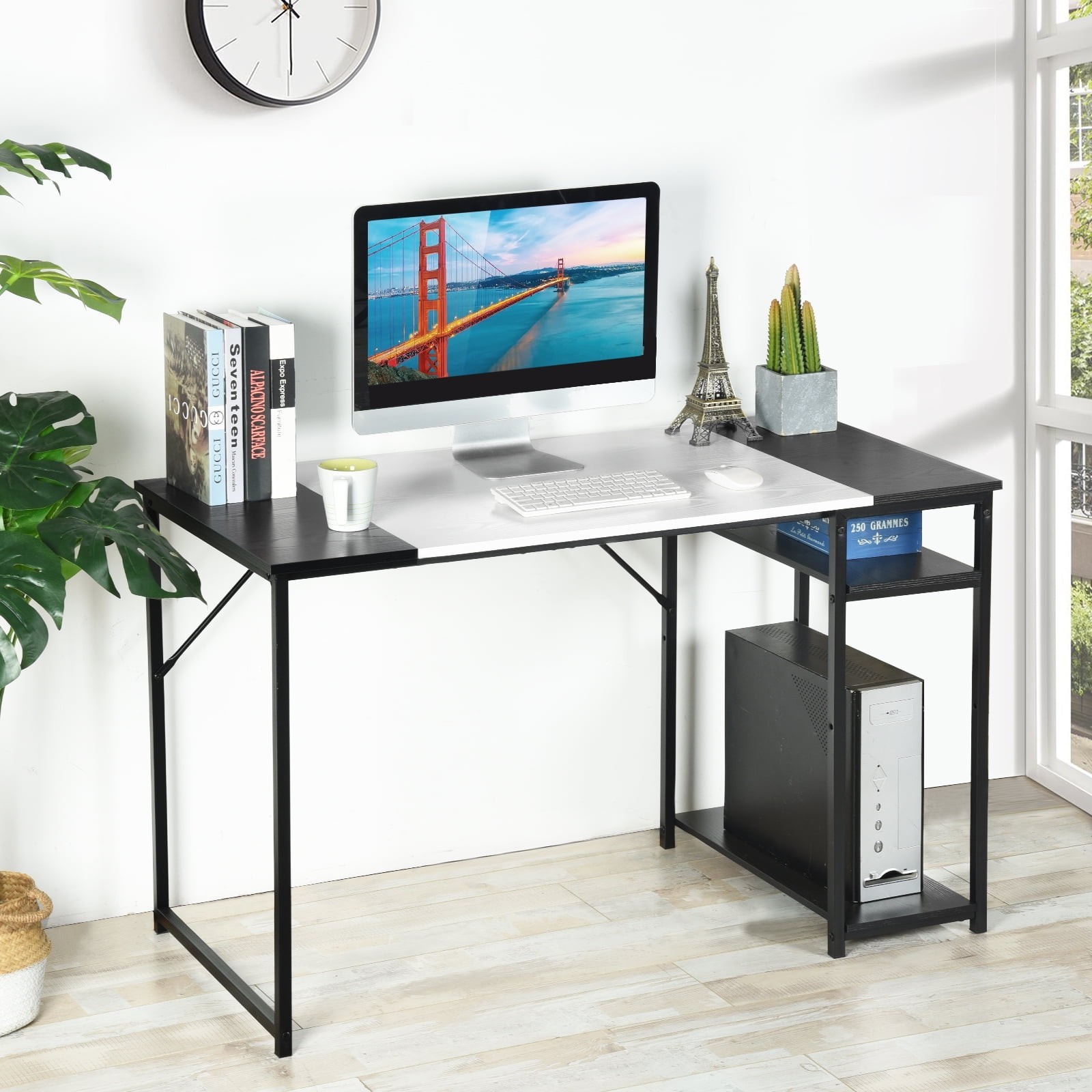 47.2 inch Writing Desk Compact Industrial Style Laptop Table W/ 2 Shelves Home