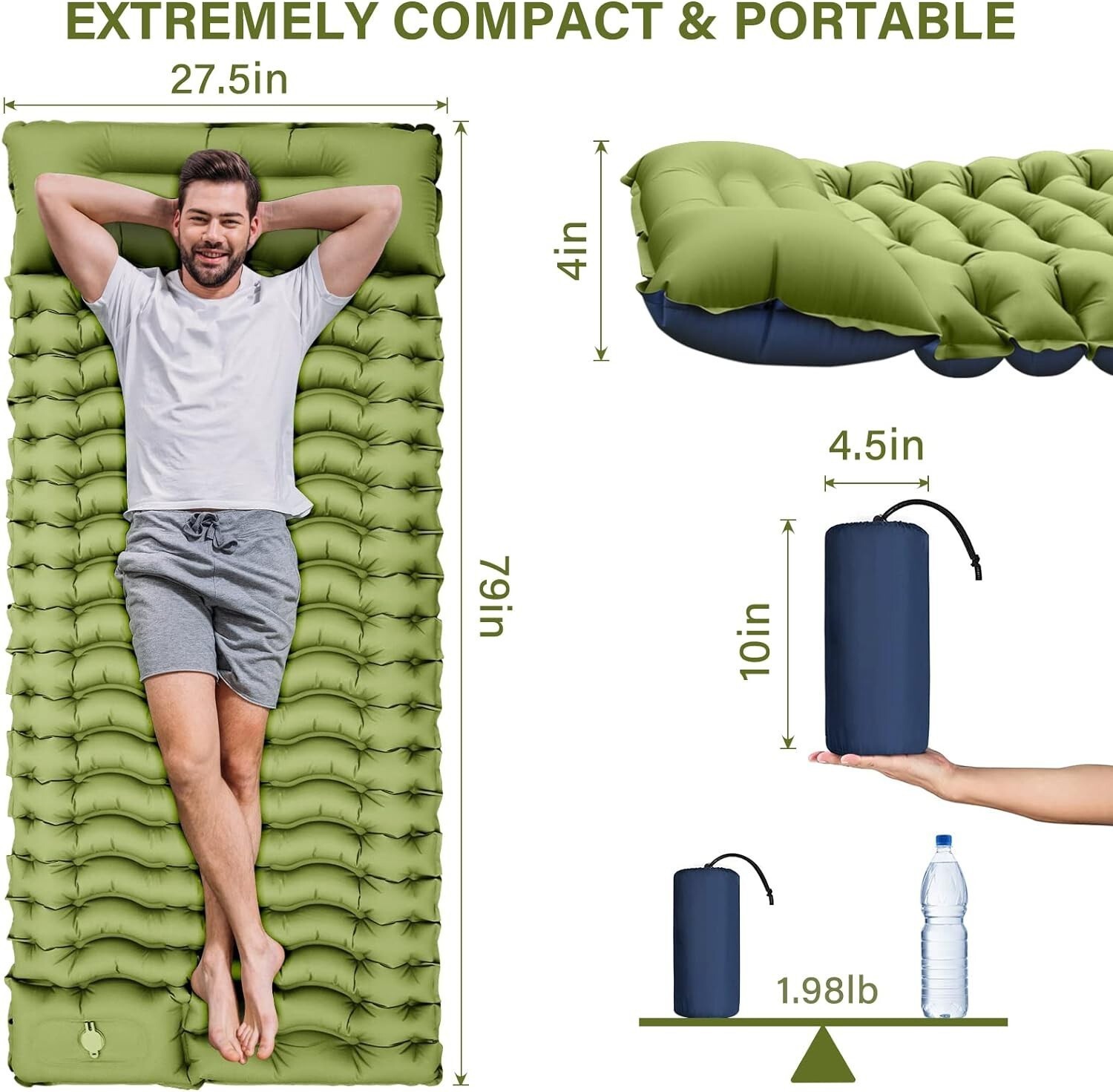 Compact Self-Inflating Sleeping Pad with Pillow for Backpacking & Tent Camping