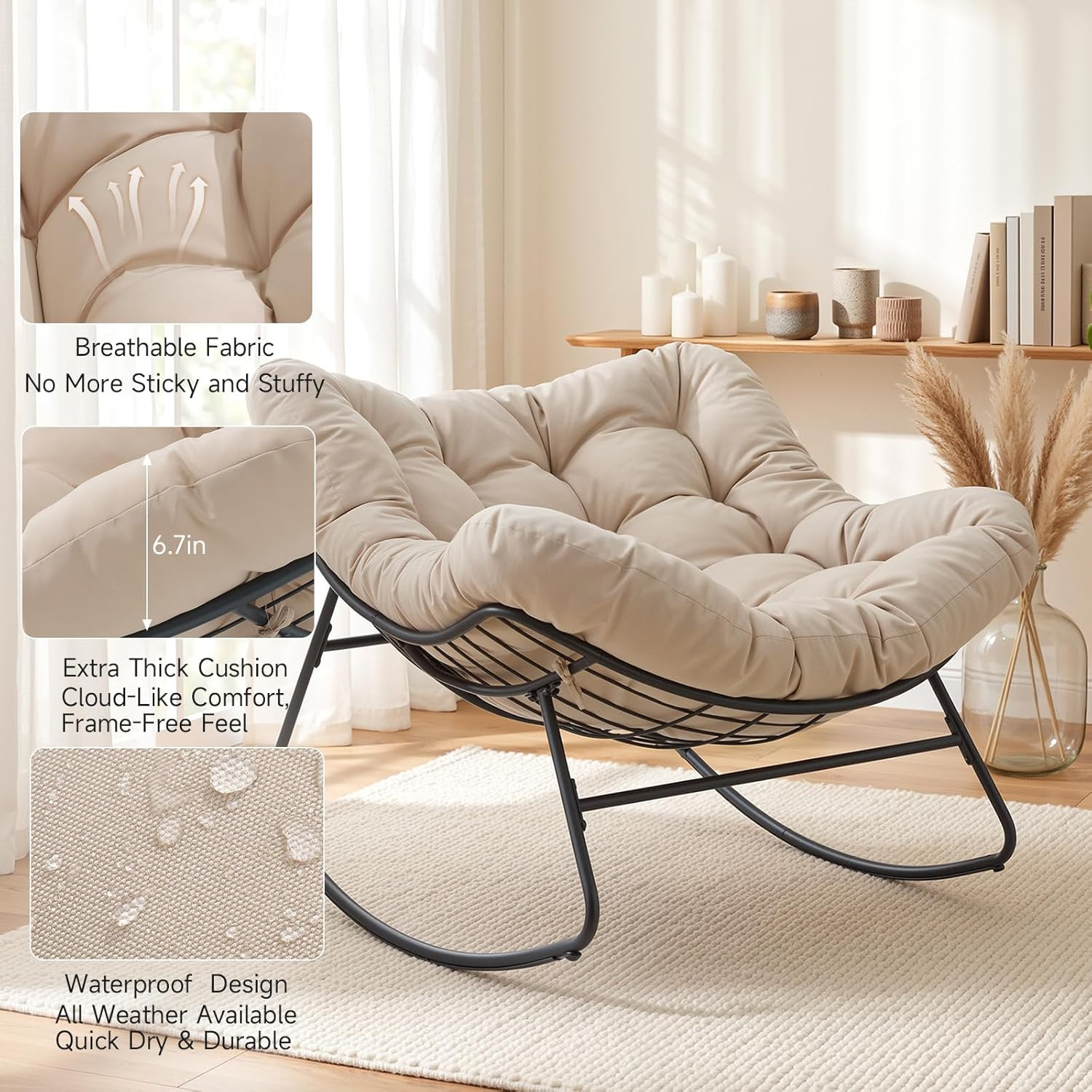 Papasan Rocking Chair Indoor, Oversized Rocking Chair with Thickened Cushion, 45
