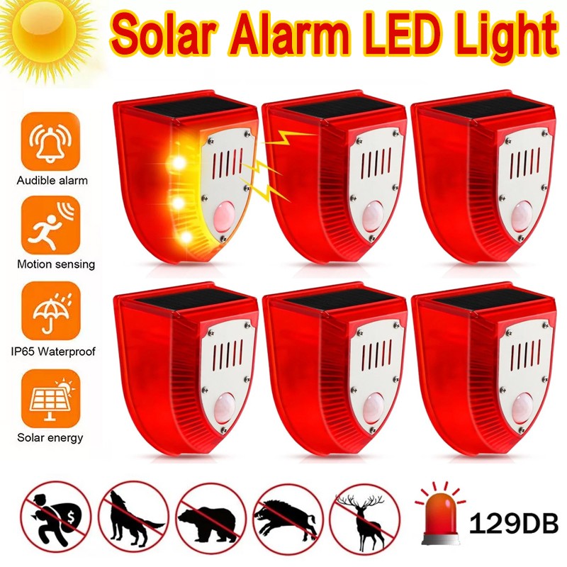 6pcs Solar Alarm LED Light Solar Strobe Wireless Motion Sensor Detector Outdoor