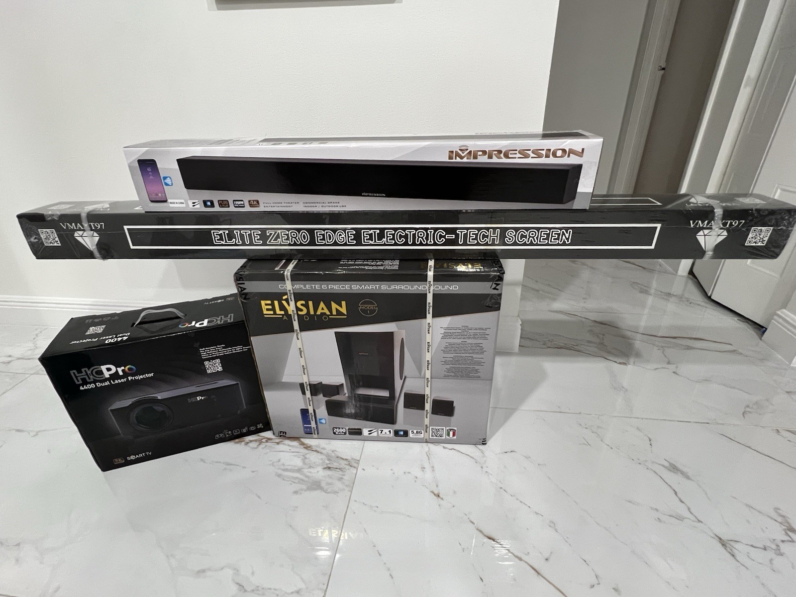Home theater system Surround Sound + Dual Laser Projector + 64” Electric Screen