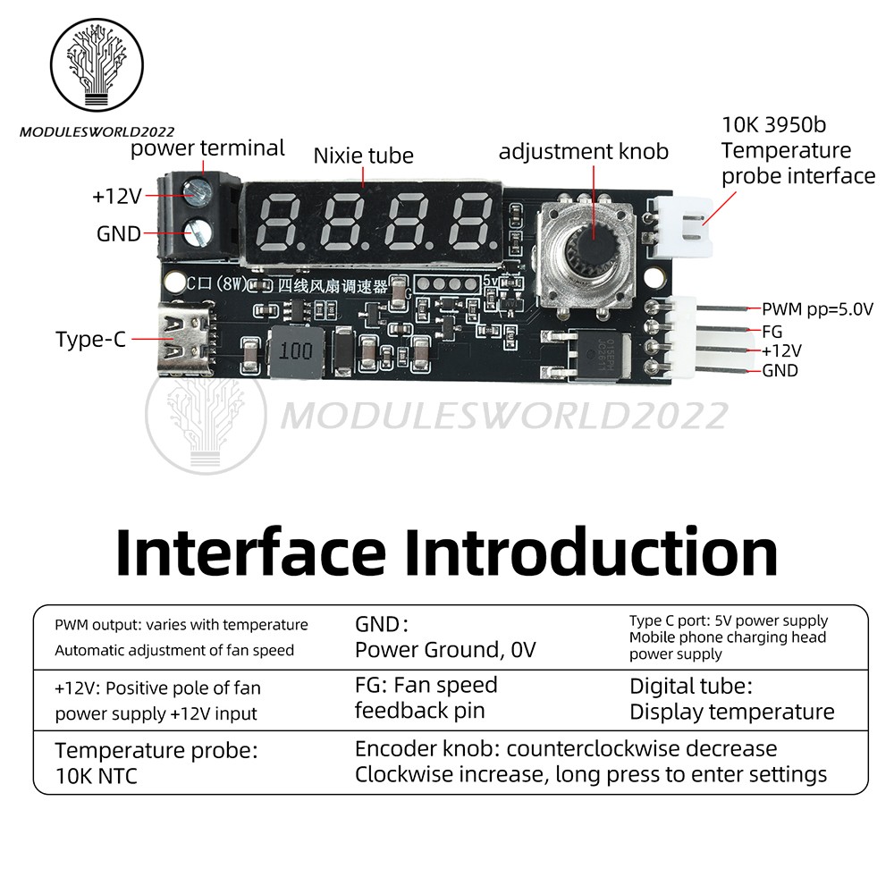 5V 12V 5A 4-Wire PWM Fan Speed Control Module Smart Temperature Control +Display