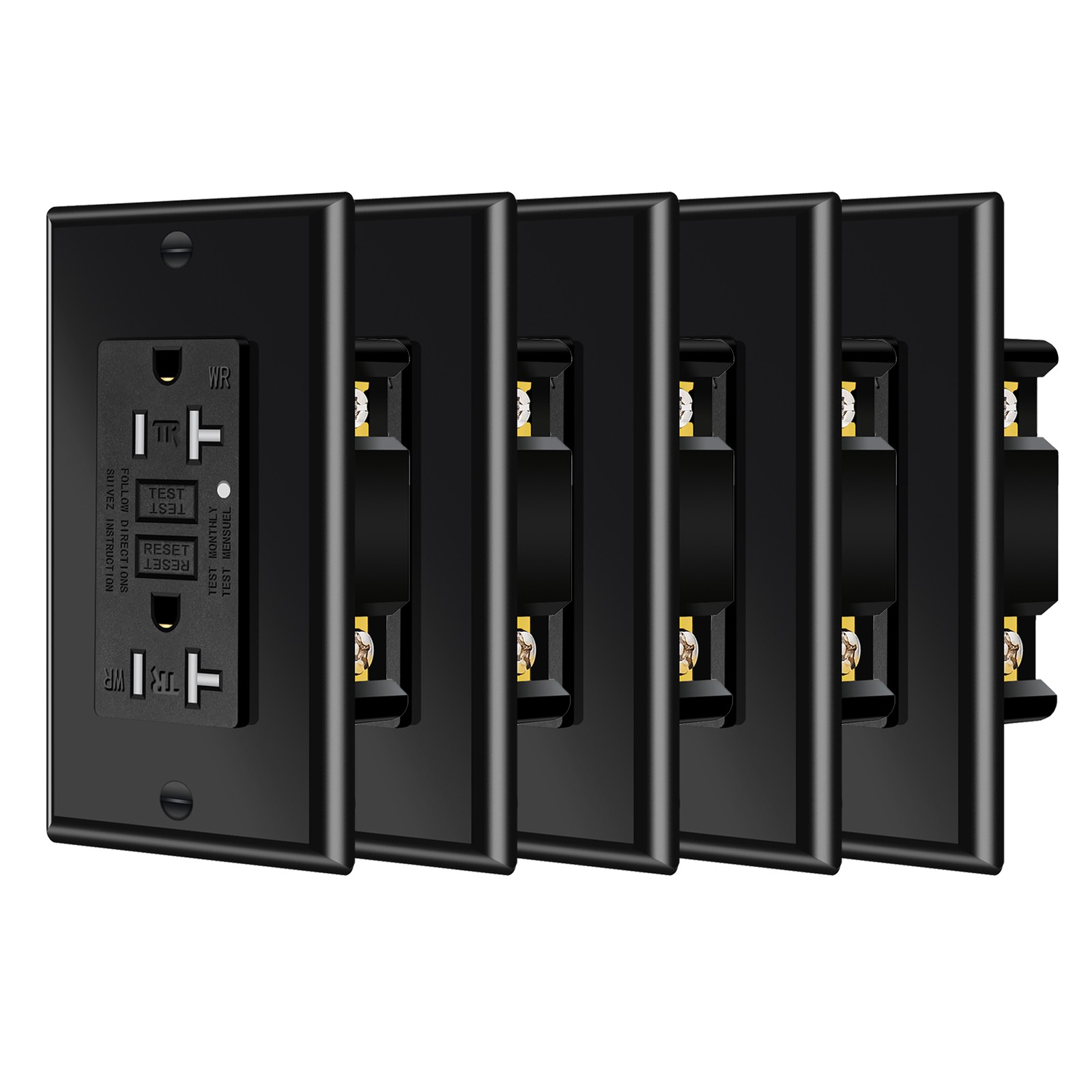 5× 20A/125V GFCI Outlet Black WR TR LED Indicator ETL Instant Power Cutoff