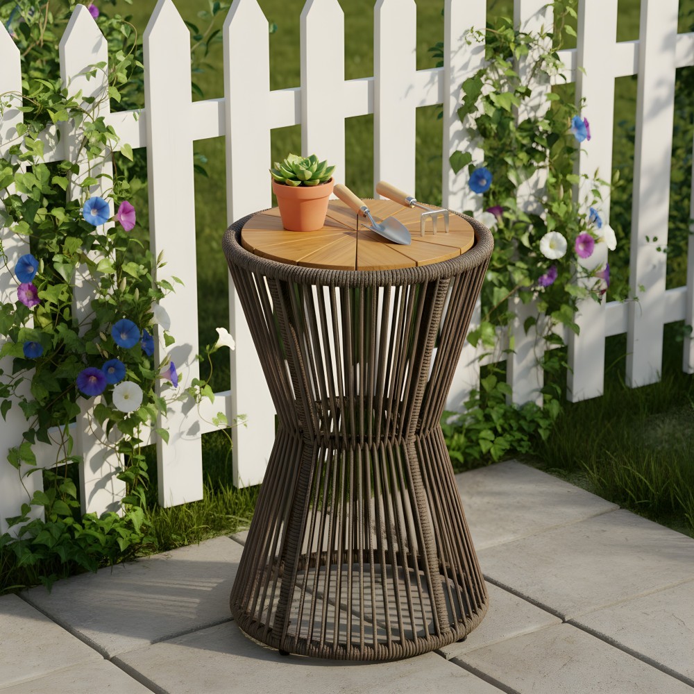 Outdoor Side Table Dark Grey Acacia Wood Rope Hourglass Design Patio Deck