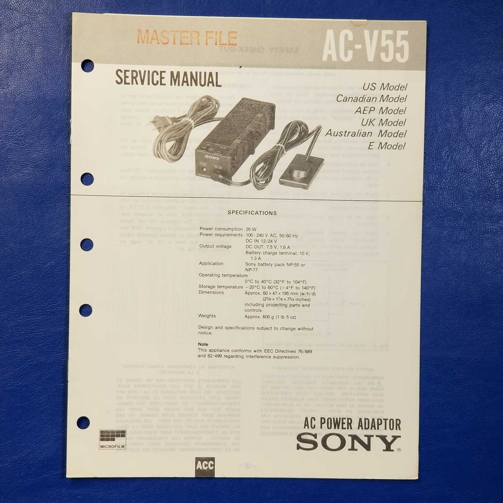 SONY AC-V55 Service Manual Original Paper OEM Repair Guide - USA