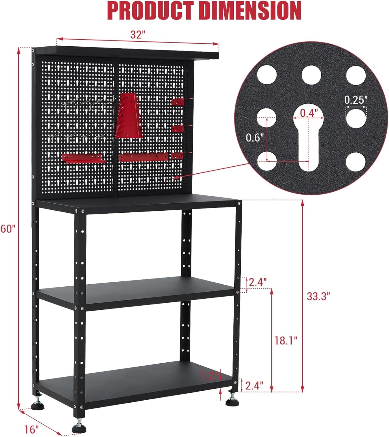 Workbench with Pegboard 32" Tool Organizer Metal Work Table Shelves Tool Holders