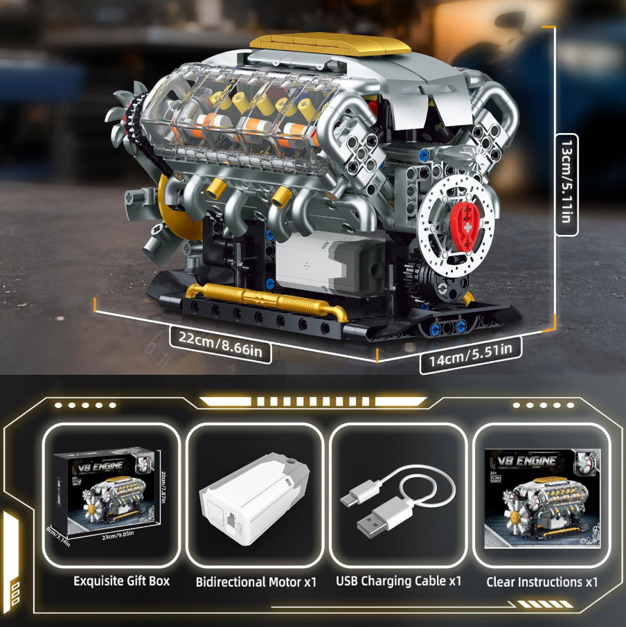 DIY V8 Engine Model Kit USB Powered Running Visible Motor STEM Toy 703PCS Gift